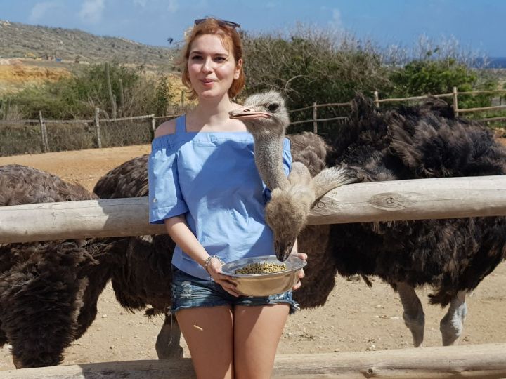 Foto da fazenda de avestruz em Aruba. Na foto estou eu, sorrindo, e um avestruz do meu lado. Nós dois estamos olhando na mesma direção. O avestruz parece muito compenetrado, deve ter visto algo interessante